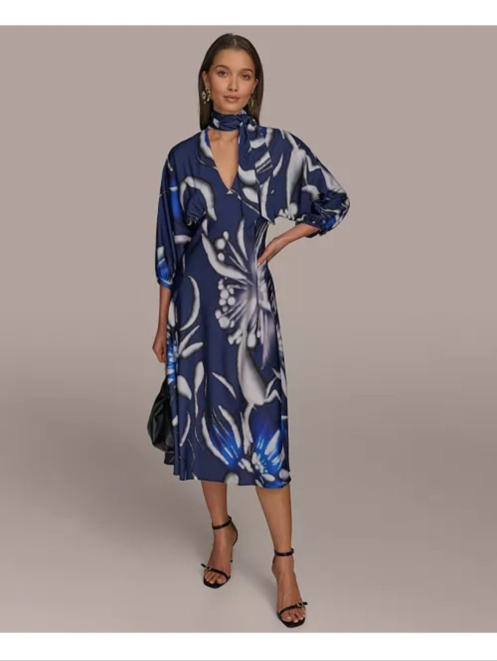Donna Karan NWT Navy Blue Floral Satin Midi Tie Neck Dress Size 18W $169 Party